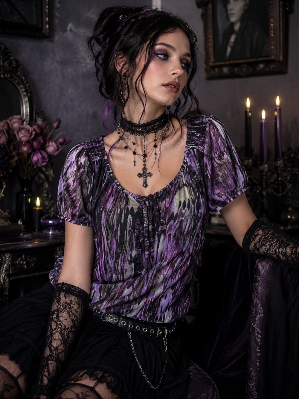Nicole Miller NY XL Purple Abstract Mesh Peasant Top | Boho Y2K Romantic